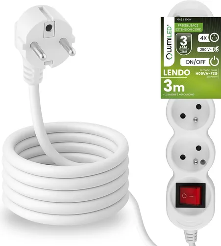 LUMILED Steckdosenleiste mit ON/OFF Schalter 4-Fach Steckdose Typ E, 3m Kabel H05VV-F3G, Weiß, Mehrfachsteckdose E Stecker 10A 2300W 250V IP20 Halterung zum Aufhängen