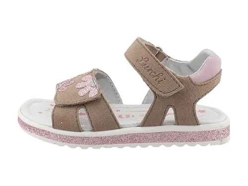 LURCHI Candy Sandale für Kinder, Gr. 26, grau (taupe-rosa) - Sneaker aus Veloursleder mit Klettverschluss und Blütenapplikation, ideal für aktive Kinder. Bequeme Passform und praktische Größenschablone zum Download.