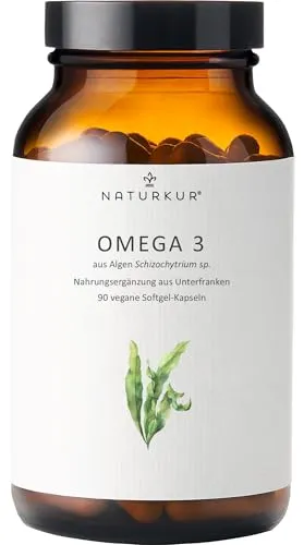 Naturkur® Omega-3 90 vegane Algenöl Softgel Kapseln im Apothekerglas - Hergestellt in Unterfranken
