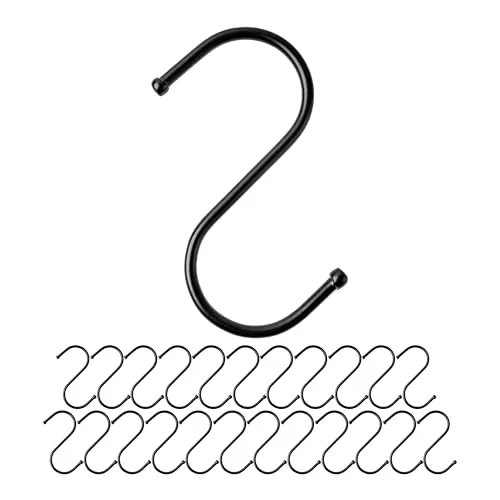 S-Haken zum Einhängen, 24 Stück, in Schwarz, Metallhaken für bis Ø 32 mm Stangen, Länge 85 mm, S Haken für Küche, Kleiderstange, Garage, Topf, Pfanne, Tasse, Hängehaken, Küchenhaken, Doppelhaken Set