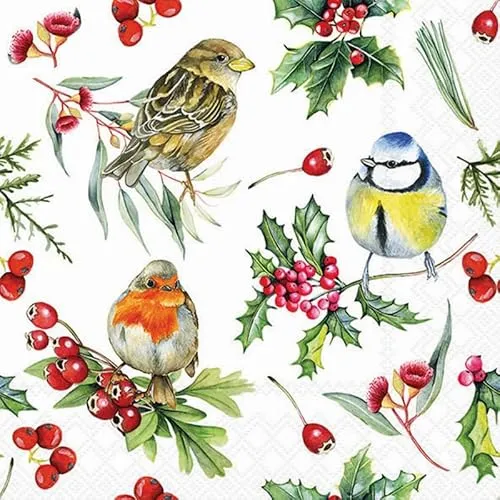 Servietten Weihnachten Vögel mit Beeren als Tischdeko. Papierservietten mit Motiv. Auch für Decoupage und Serviettentechnik 33x33cm 20