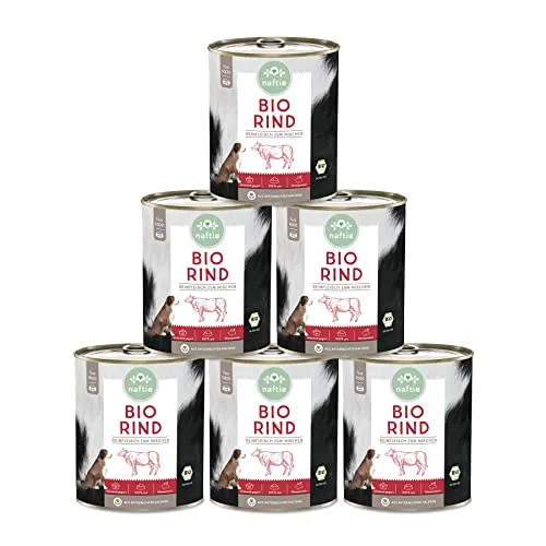 naftie Bio Hundefutter 100% Bio-Rind - Reinfleisch Rind pur - Nassfutter zum Mischen - glutenfrei getreidefrei - Sparpaket 6X 800g Dosen