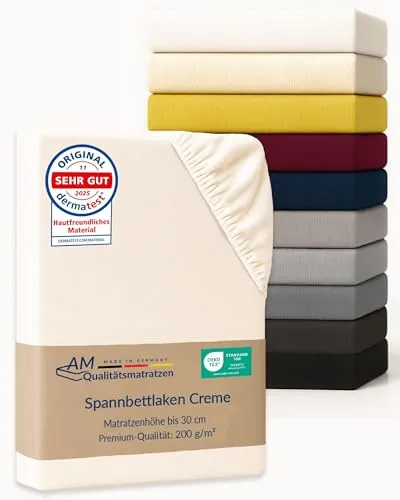 AM Qualitätsmatratzen Premium Spannbettlaken 180x200cm Baumwolle (200gsm) in Creme - Made in Germany - Oeko TEX zertifiziertes Bettlaken 180x200 Baumwolle - Jersey Spannbetttuch - Fitted Sheets