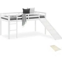 Homestyle4u Kinderbett 90x200 mit Lattenrost und Rutsche - Modernes Hochbett für Kinder in Weiß, inkl. Lattenrost und verstellbarer Rutsche, schafft mehr Platz im Kinderzimmer und sorgt für Sicherheit mit abgerundeten Kanten und einer umlaufenden Absturzsicherung.