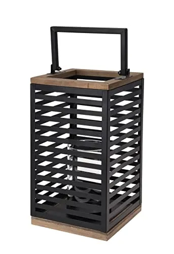 Metall Laterne schwarz mit Kerzenglas - 28 cm - Windlicht eckig mit Holz Elementen - Garten Balkon Deko Kerzen Leuchte zum Hängen