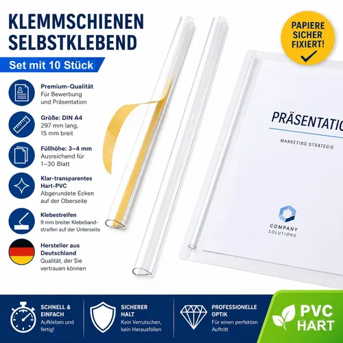 10x DIN A4 Klemmschienen selbstklebend transparent Füllhöhe 3mm 30 Blatt Carpeta