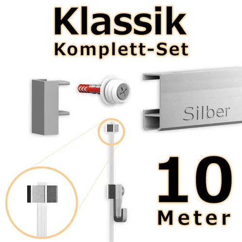 Bilderschienen Set 10 m in SILBER - Klassik - Bilderschiene inklusive Zubehör