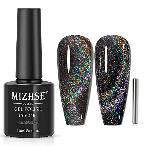 MIZHSE Gel-Nagellack, für Katzenaugen, Regenbogen, Schwarz, holografischer Nagellack, 9D Cat Eye Magnet, Gel, Polnisch, Maniküre, Nail Art mit Magnet, 10 ml (0,33 fl oz)