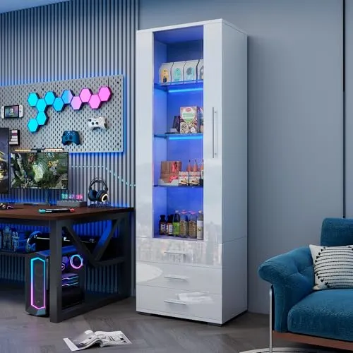 BTM Weiße Hochglanzvitrine mit LED-Beleuchtung und 3 Schubladen, 60x35x180cm