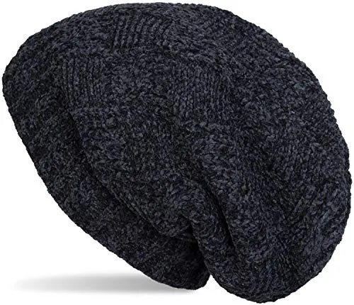 styleBREAKER Unisex Chenille Beanie Mütze mit Flecht Muster und Fleece Futter, Winter Slouch Longbeanie 04024159, Farbe:Midnight-Blue/Dunkelblau