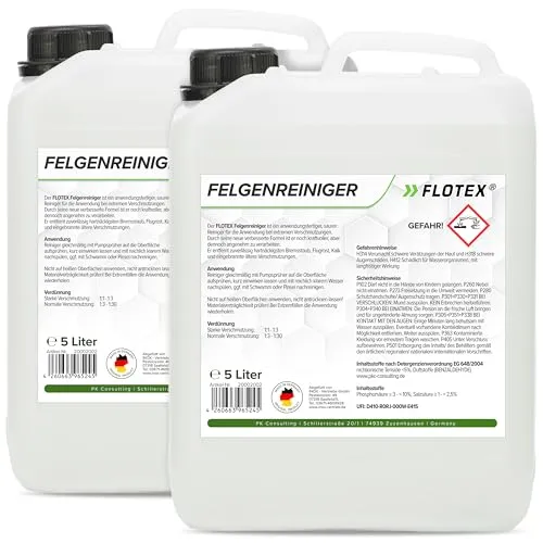 FLOTEX Felgenreiniger für Auto & Motorrad 2x5L | Saurer Felgen Reiniger effektiv gegen Bremsstaub, Flugrost & hartnäckige Verschmutzungen | Felgenreiniger Alufelgen & Stahlfelgen | Made in Germany