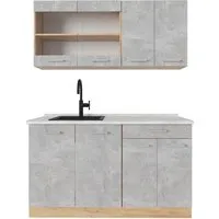 Vicco Küchenzeile R-Line, 140 cm in Beton/Goldkraft Eiche - Kompakte Küchenzeile für kleine Räume, höhenverstellbar für ergonomisches Arbeiten und erweiterbar mit zusätzlichen Modulen. Ideal für Wohnungen, Studentenapartments oder Büros.