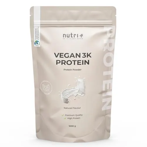 nutri+ Protein Pulver Vegan 3K - Hochwertiges pflanzliches Eiweiß - Proteine für Muskelaufbau und Erhalt, 100% vegan, niedrig in Zucker und Fett, frei von Laktose. Ideal nach dem Training oder als Snack, mit über 17 köstlichen Sorten.
