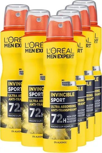 L'ORÉAL PARIS MEN EXPERT Deo-Spray Invincible Sport 6-tlg. - Deospray für aktive Männer, bietet bis zu 72 Stunden Schutz vor Schweiß und Körpergeruch dank absorbierendem Magnesium-Komplex. Ideal für Sport und unterwegs!