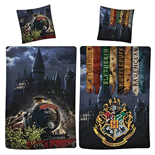 Harry Potter Wende-Bettwäsche Express 9 3/4 135 x 200 cm - Bettwaren-Set für Kinder, hochwertig aus 100% Baumwolle in Renforcé-Qualität, sorgt für ein gesundes Schlafklima und lädt zu traumhaften Fantasy-Abenteuern ein.