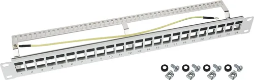 HMF 66446-07 STP Keystone-Patchpanel für Serverschrank, 24 Ports RJ45 Geschirmt, 19 Zoll, Lichtgrau