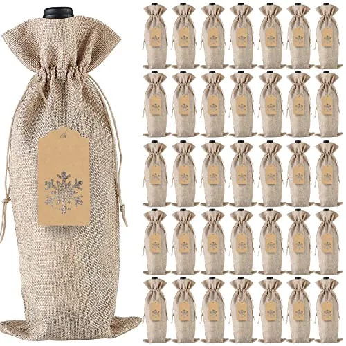 Jute-Geschenktüten mit Kordelzug für Weinflaschen, mit Anhänger und Seilen für Weihnachten, Hochzeit, Reisen, Geburtstag, Urlaubsparty (12 Stück Natur)