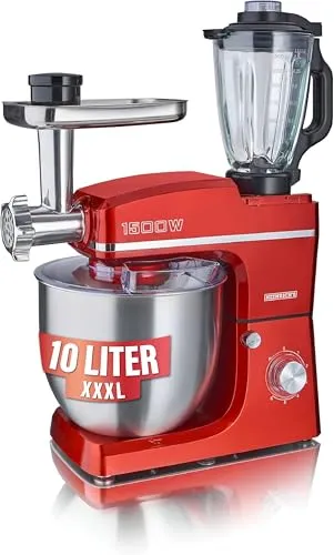 HEINRICHS 3 in 1 Universal Küchenmaschine, Küchengerät 1500W, 6 Geschwindigkeitsstufen, Multifunktionale Knetmaschine mit Fleischwolf, 1.5L Mixerbehälter, XXXL 10L Edelstahlschüssel (Rot)
