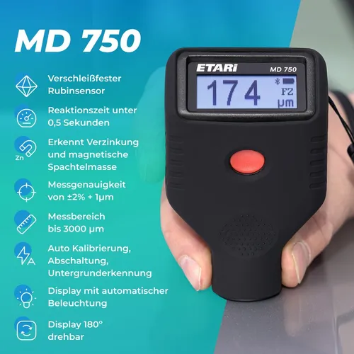 MD 750 Lackdicken Messer - Sonstige - Präzises Schichtdickenmessgerät mit 3-farbigem Display für intuitive Nutzung und hohe Messgenauigkeit von ±2%, ideal für professionelle Gutachter und Autohändler.
