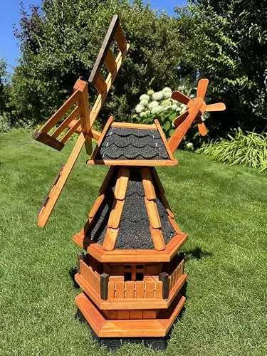Windmühle kugelgelagert mit Solarbeleuchtung, Höhe 80 cm - Dekorative Windmühle aus Holz mit wetterfestem Bitumendach, drehbarem Kopf und optionaler Solarbeleuchtung - ideal für den Garten!