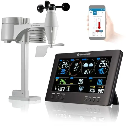 Bresser 7002586 Wetterstation Funk mit 7-in-1 Profi-Sensor - Wetterstation mit WLAN und 7-in-1 Sensor für umfassende Wetterdaten wie Wind, Temperatur und UV-Level. Ideal für präzise Wettervorhersagen und lokale Datenübertragung.