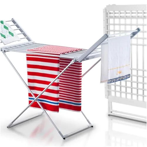 avenido Elektrischer Wäschetrockner, Wäschetrockner mit 18 Heizstäben, Beheizter Wäscheständer mit Leistung 220W, 148 x 52,5 x 90 cm, Reduziert die Trocknungszeit, IP22, Silber und Weiß