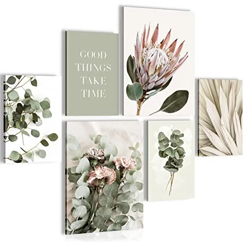 Novart Wandbilder Set Grün Blätter Boho Beige - Modern Deko für jeden Raum - Poster & Kunstdrucke aus deutscher Manufaktur, umweltfreundlich und geruchlos. Hochwertige Vlies-Leinwand mit lebendigen Farben, einfach ohne Rahmen aufzuhängen.