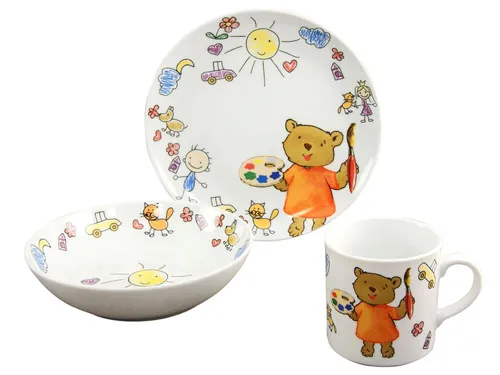 CreaTable Kindergeschirr-Set Teddy (3-tlg) - Kindergeschirr aus Porzellan, mikrowellengeeignet und spülmaschinenfest, mit buntem Teddy-Motiv für ein fröhliches Frühstückserlebnis für 1 Person.