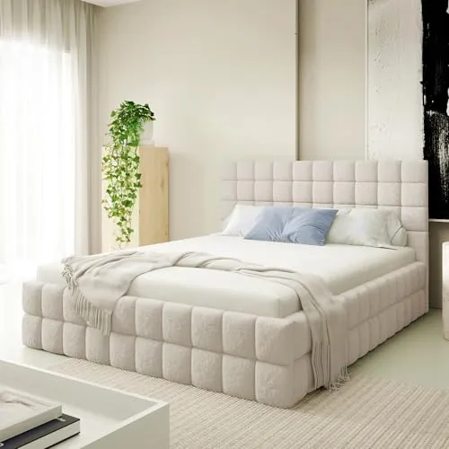 Home Collective Polsterbett Bett Doppelbett mit Bettkasten inklusive Lattenrost 140x200 160x200 180x200 gesteppt & weich gepolstert modernes Design Schlafzimmer Möbel | Hellbeige 180x200 cm
