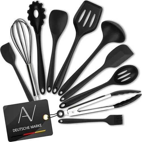AVANA Silikon Küchenhelfer Set - 10 Stück Küchenutensilien - Küchenzangen Set aus 100% lebensmittelechtem Silikon, hitzebeständig und schonend zu Töpfen und Pfannen. Ideal für alle Koch- und Backbedürfnisse.