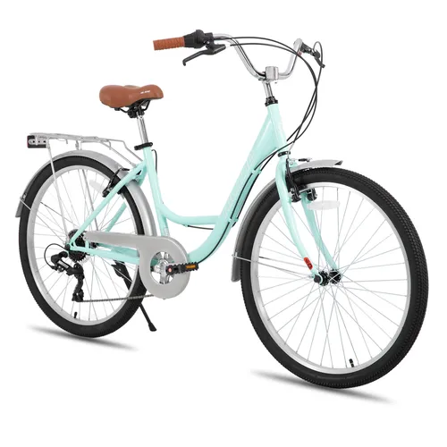 Hiland 26 Zoll Cityrad für Erwachsene – Damen- und Herrenfahrrad mit Gepäckträger und Korb – 7 Gang - Grün - Robustes Cityrad mit praktischem Frontkorb für Einkäufe und einem stabilen Gepäckträger. Ideal für Pendler, bietet die 7-Gang-Schaltung Komfort beim Fahren in der Stadt.