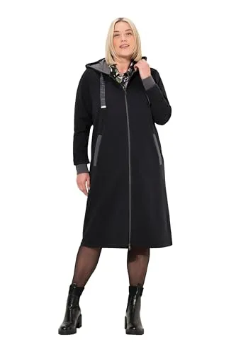 Ulla Popken Damen große Größen Übergrößen Plus Size Long-Sweatjacke, Kapuze, 2-Wege-Zipper, Rückenstreifen schwarz 50+ 831562100-50+