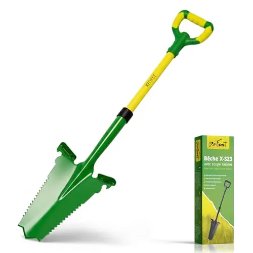 Wurzelspaten Spaten mit Wurzelsäge – Sägespaten & Gärtnerspaten aus Carbonstahl – Spaten für Harte Böden & Tiefe Wurzeln – 114 cm Fiberglasstiel mit TPR-Griff & Breiter Trittkante – Gartenarbeit – SZ3