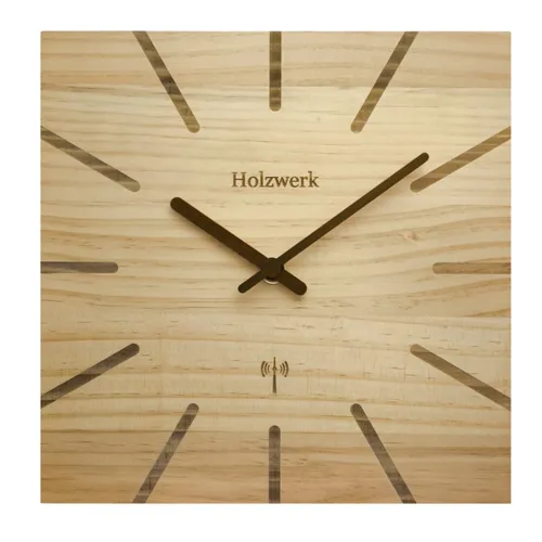 Holzwerk Funkwanduhr - Eckige Designer Loft Uhr aus Holz, 25 cm - Wohnaccessoires: Handgefertigte, nahezu lautlose Funkwanduhr aus massivem Holz, die sich automatisch an Sommer- und Winterzeit anpasst – für zeitlose Eleganz in Ihrem Zuhause.