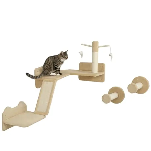 PawHut Katzen Kletterwand Set 3-teilig - Aktivitätskratzbäume: Platzsparendes, wandmontiertes Set mit Kratzbrett und Sprungplatten, ideal für die Spiel- und Bewegungsfreude Ihrer Katze bis 5 kg.