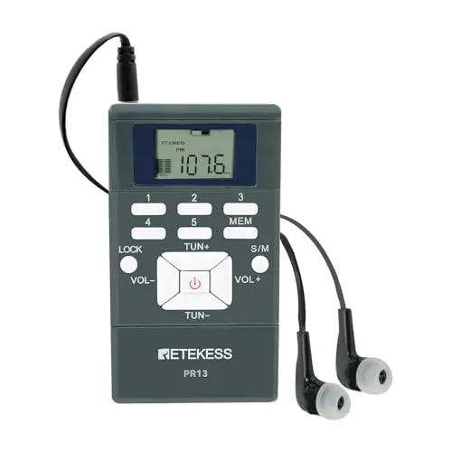 Retekess PR13 FM Radio Batteriebetrieben,FM Empfänger mit Kopfhörer,Stereo,Digitaluhr,Clip,2 AAA Batterien,für Meetings,Führungen,Simultane Interpretation