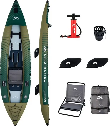 Aqua Marina Caliber 13'1'' Anglerkajak SET - Schlauchboot mit Universalhalterungen für Ruten und Fischfinder, ideal für Angler. Inklusive faltbarem Angelsitz für besten Komfort und V-Cone-Schutz gegen Kollisionen.