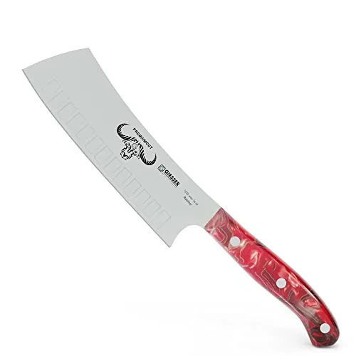 Giesser Japanisches Kochmesser Red Diamond 16 cm - Kochmesser mit Kullenschliff aus hochwertigem Chrom-Molybdän-Stahl, extrem scharf und rostfrei. Der ergonomische Griff bietet perfekten Halt – ideal für Profis und Hobbyköche.