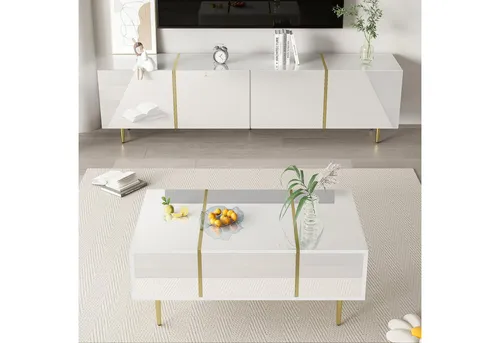 OKWISH Wohnzimmer-Set 2-tlg. Hochglanz mit Soft-Close-Scharniere - Modernes 2-teiliges Wohnzimmer-Set mit TV-Schrank und Couchtisch in elegantem Hochglanz. Ideal für stilvolle Einrichtung und optimalen Stauraum. Soft-Close-Scharniere sorgen für leises Schließen. Pflegeleichte Oberflächen für einfachen Alltag.