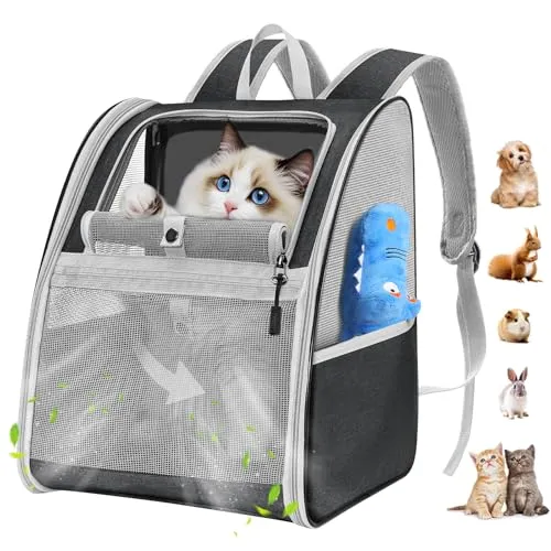 Pawaboo katzenrucksack, hunderucksack für Katzen Hunde Welpen mit Fenster, Haustier Rucksack cat Backpack Dog Backpack mit Atmungsaktivem Mesh für Wandern - Schwarz, Bis 10KG