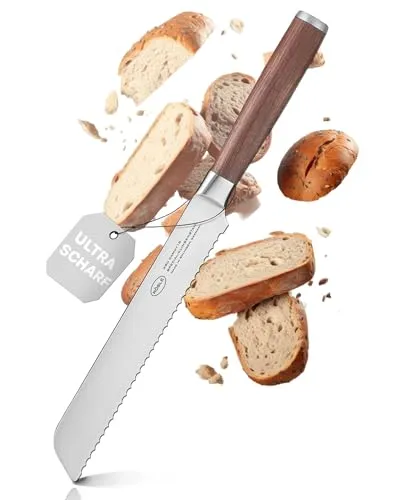 RÖSLE Brotmesser Masterclass 20 cm - Hochwertiges Wellenschliff Küchenmesser - Brotmesser, 20 cm Klinge mit Wellenschliff für müheloses Schneiden von Brot und Baguette, ergonomischer Walnussholzgriff für sicheren Halt und elegantes Design.