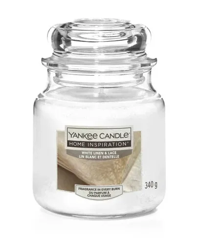 Yankee Candle Duftkerze Mittleres Glas White Linen & Lace 340 g, weiß Kerze Duft