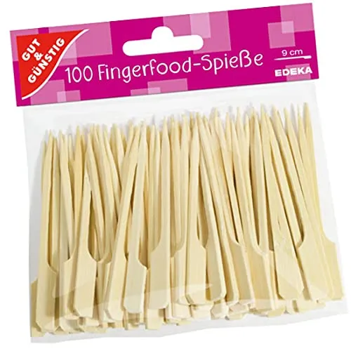 Gut & Günstig Fingerfood Spieße aus Bambus - 100 Stück Fingerfood Spieße, 9 cm lang, ideal für Grillpartys, Cocktails und Buffets, um Ihre Snacks stilvoll zu präsentieren.