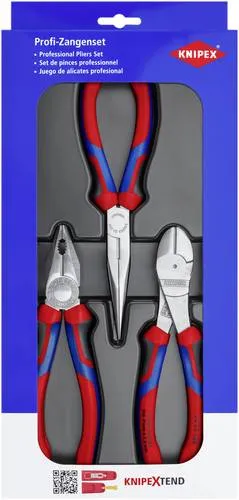 Knipex Zangenset 00 20 11 V01, 3-teiliges Montagepaket - Werkzeugsets mit 3 hochwertigen Zangen: Kombizange, Seitenschneider und Flachrundzange, ideal für präzise Montagearbeiten und vielseitige Anwendungen.