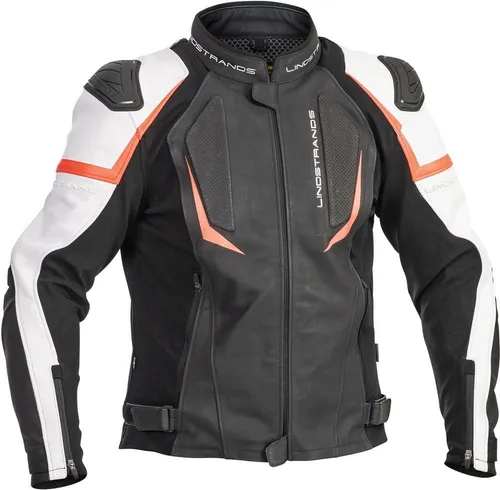 Lindstrands Sanden Motorrad Lederjacke – schwarz-weiss, Größe 60 für Männer - Motorradjacke aus weichem Rindsleder mit Stretcheinsätzen für optimale Bewegungsfreiheit und Belüftungsöffnungen für besten Komfort beim Fahren.