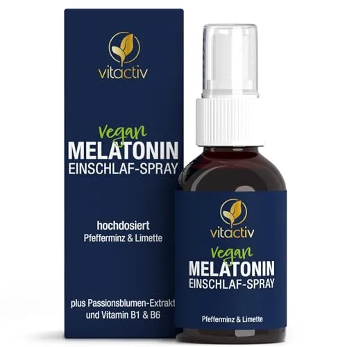 VITACTIV Melatonin Spray Einschlafspray, Passionsblume, B1 & B6, 50 ml | Pfefferminz & Limette, zuckerfrei, handliches Fläschchen für unterwegs mit ca. 385 Sprühstößen