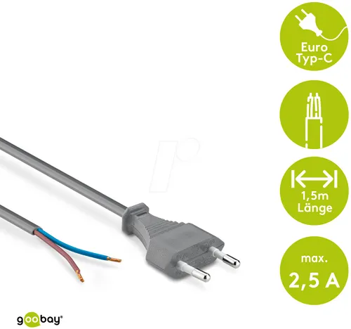 GOOBAY 51346 - Kabel mit Eurostecker mit offenen Enden, 1,5 m, grau