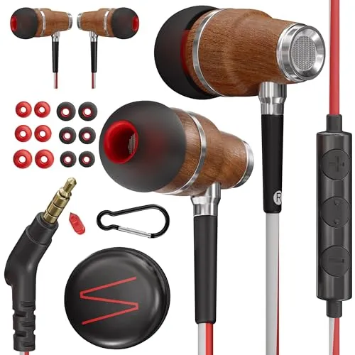 Symphonized® In Ear Kopfhörer mit Kabel und Mikrofon HD, Premium Noise Cancelling kopfhoerer In Ear, 8-mm-Bass, 3D-Sound aus Bubinga-Holz, Lautstärkeregler für Mobilgeräte, PCs und Tablets. NRG
