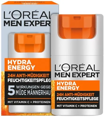 L'Oréal Men Expert Hydra Energy 24H Anti-Müdigkeit Gesichtscreme 50 ml - Gesichtspflege für Männer, die müder Haut den Kampf ansagt. Mit natürlichem Guarana und 4x mehr Vitamin C für belebte, hydratisierte Haut und einen langanhaltenden Frische-Kick.