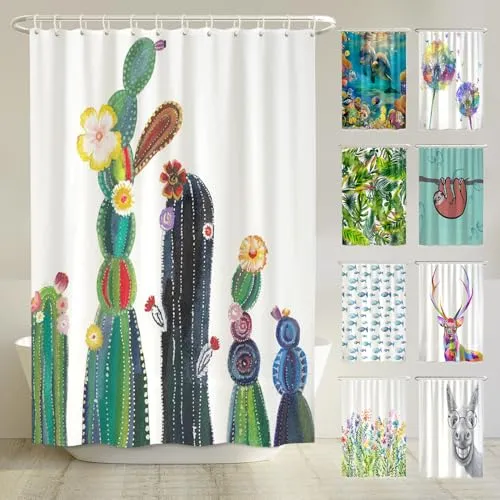 arteneur® Kaktus Blüten Duschvorhang 180x200 - Duschvorhang aus recyceltem Material mit Anti-Schimmel-Beschichtung, blickdicht und pflegeleicht. Inkl. 12 Ringe und E-Book für hygienische Tipps.